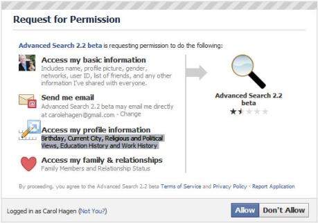 Request for Permission with Advanced Search 2.2 in Facebook